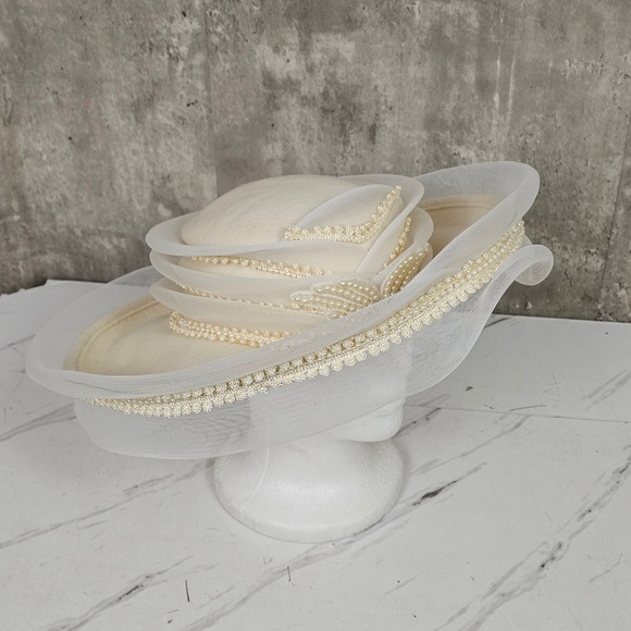 Vintage Church Hat Cream Formal Dress Hat Pearl Beaded Wedding Party - Picture 4 of 13